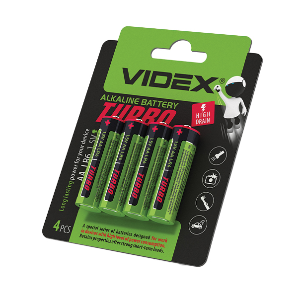 Батарейка лужна Videx LR6/AA Turbo 4шт BLISTER. Фото 2