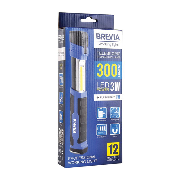 Телескопічна інспекційна лампа Brevia 3W COB+1W 300Lm 2000mAh micro USB. Фото 3