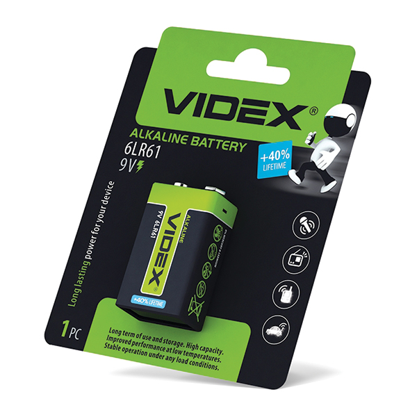 Батарейка лужна Videx 6LR61/9V (Крона) 1шт/уп.